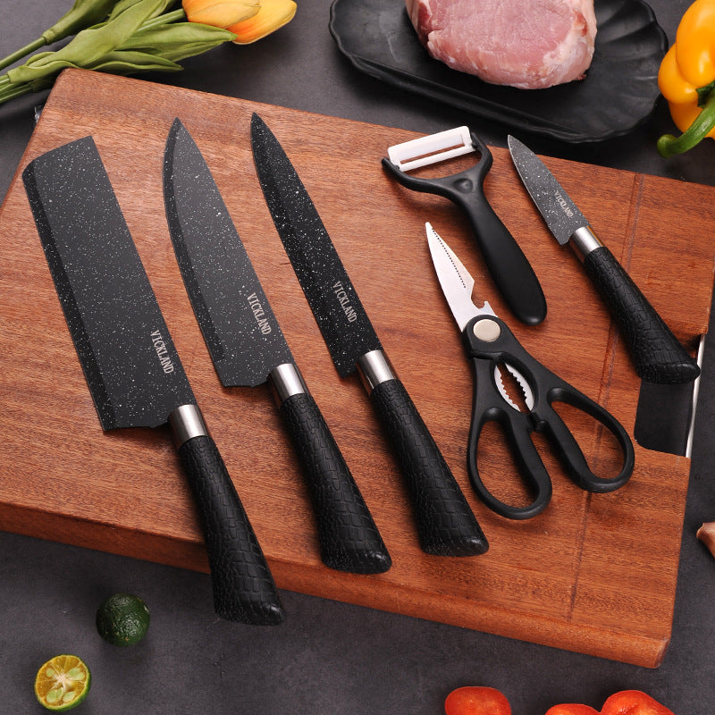 A six-piece set of black-edge kitchen knives